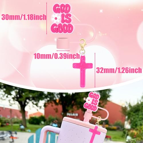 Pink Straw Toppers Set - Silicone Covers with Cross Charms for Stanley Tumblers