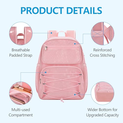 Paxiland Pink 27L Mesh Backpack Heavy Duty See-Through Beach Bag