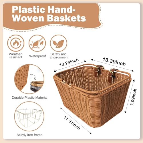 RainFlowwer Large Woven Bike Basket Front for Adult Bike - Red Brown