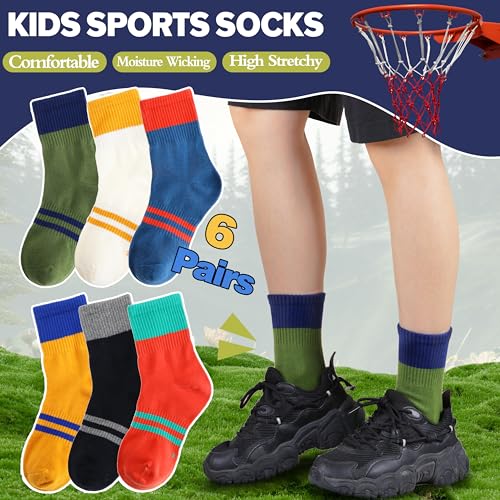 Kids Athletic Cotton Crew Socks for Girls & Boys, Age 9-15, Colorful Striped