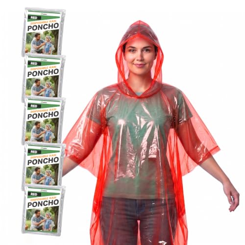 Disposable Rain Poncho for Adults with Hood - Red