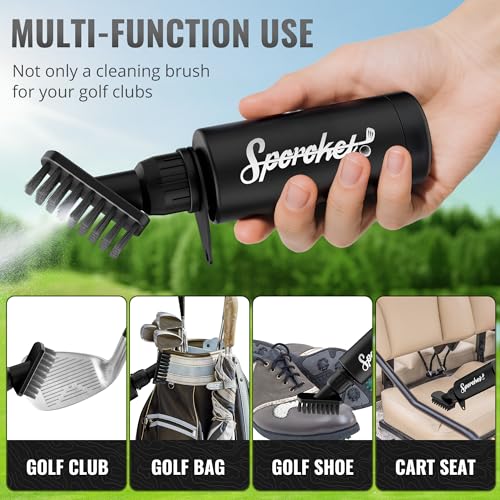 Golf Club Brush Cleaner with Retractable Steel Cable & Water Bottle