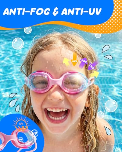 Aegend Kids Swim Goggles Pink & Green Anti-Fog Pool Goggles for Ages 3-8