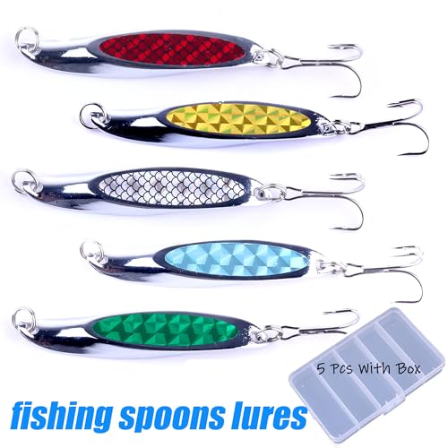 LURESMEOW Fishing Spoons Lures Set - 7cm 21g, 5 Colors for Bass Trout Walleye Saltwater