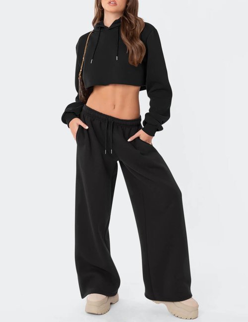 Ugerlov Wide Leg Sweatpants Women Baggy Fleece Sweat Pants Teen Girls Lounge Drawstring Trousers Low Rise Cute Streetwear Pants with Pockets Black M