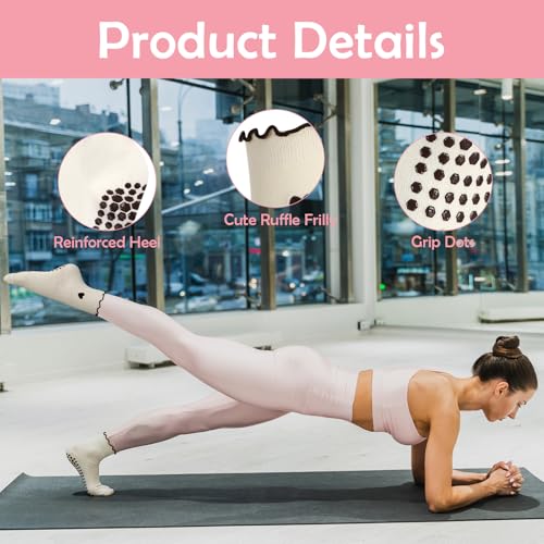 Cute Non-Slip Pilates Socks for Women - 3 Pairs in Beige, Coffee, Brown