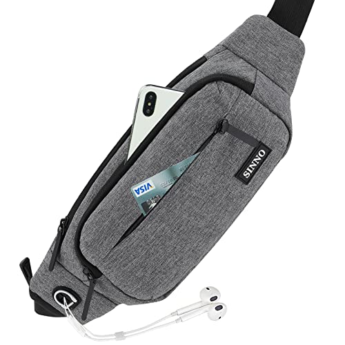 SINNO Large Crossbody Fanny Pack for Women Men - Gray Belt Bag with 4 Zipper Pockets for Travel Running Hiking Outdoors