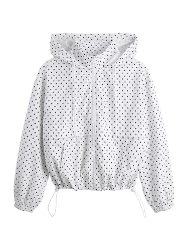 Verdusa Women's Windbreaker Jacket Hoodie with Pockets - White/Black Polka Dots (Medium)