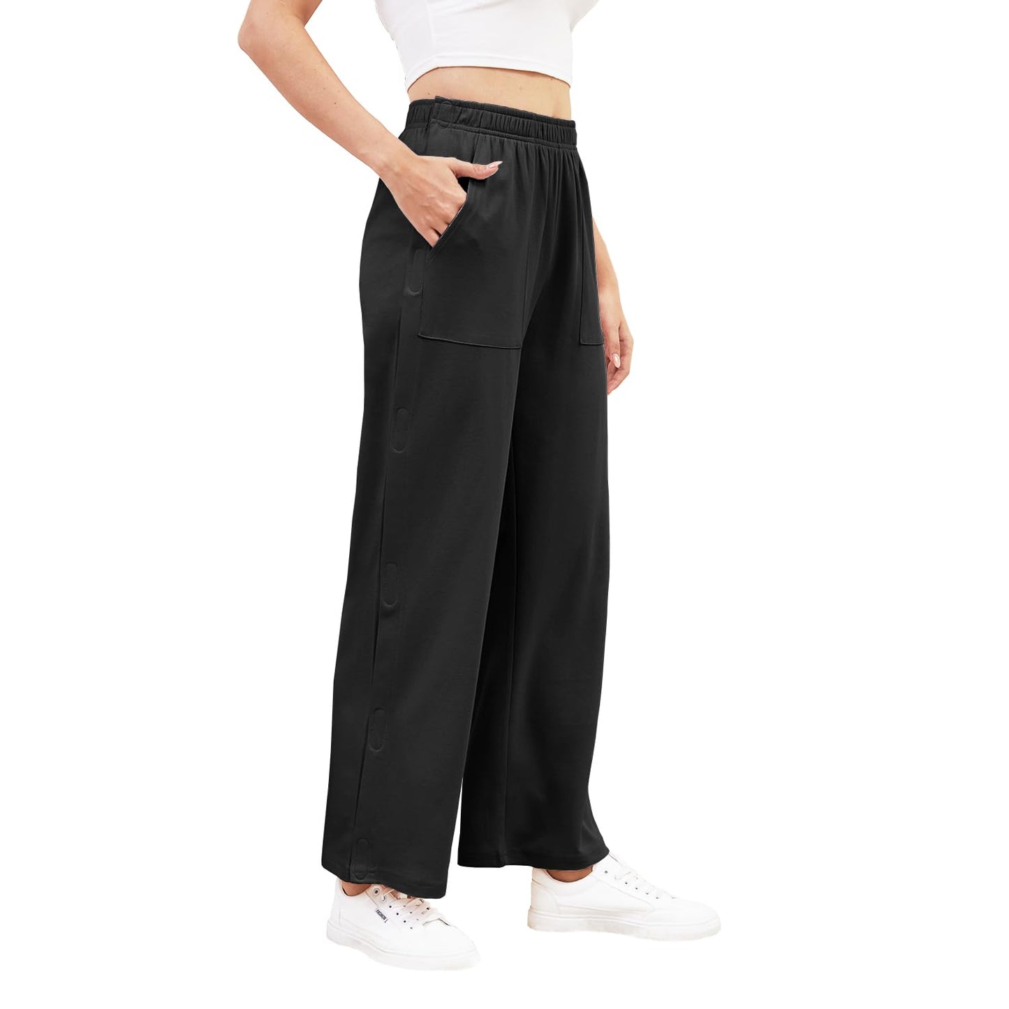 Tear Away Pants for Women Side Slit Snap Sweatpants Loose Fit Post Surgery Casual Adaptive Clothing with Pockets Black M