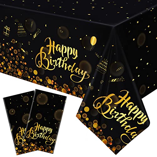 Happy Birthday Tablecloths - Black Gold Plastic, 2 Pack, 54 x 108 Inch