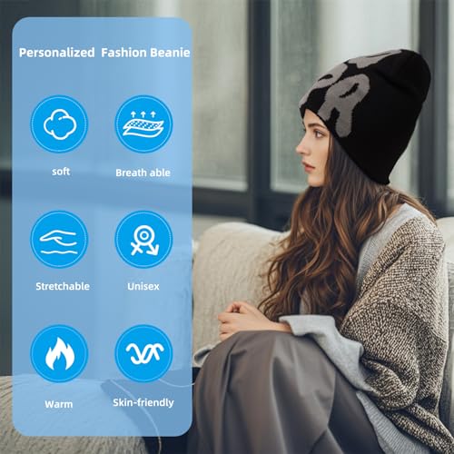 Y2K Beanie for Women & Men - Unique Pattern Design, One Size Black Grey