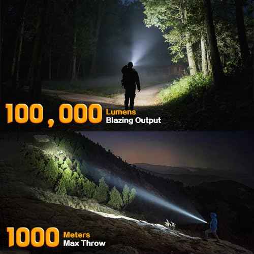 Rechargeable Spotlight,Super Bright 100,000 LED Handheld Spotlight with Zoomable,Foldable Stand,IP67 Waterproof Compact Outdoor for Hunting Walking Emergency Camping