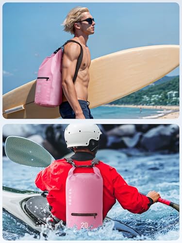 HEETA 5L Pink Waterproof Dry Bag with Front Zip Pocket, Roll-Top Closure