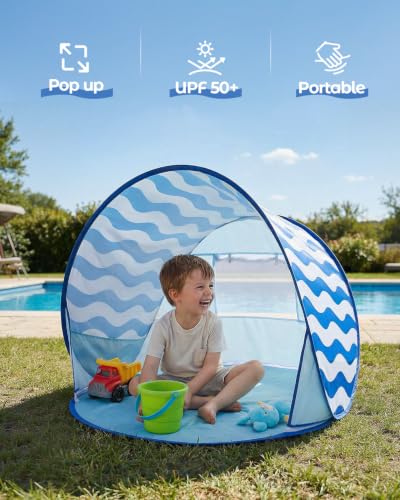 Pop Up Baby Beach Tent - Blue Wave Stripes Portable Toddler Sun Shade with UPF 50+