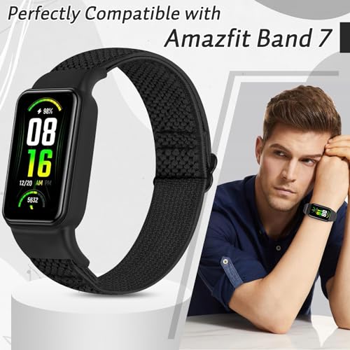 TumpCez Black & Grey Solo Loop Elastic Nylon Strap for Amazfit Band 7 – Soft Adjustable Sport Replacement