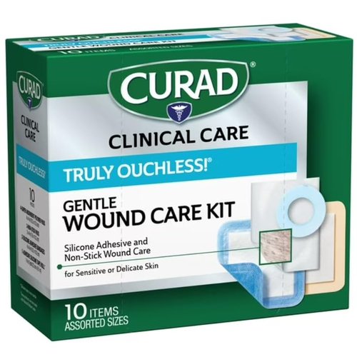 CURAD Truly Ouchless! Gentle Wound Care Kit, Assorted Pack of Bandages, Pads and Tape, 10 Count