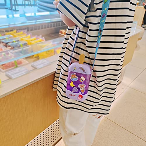 GMKD Purple Kawaii Ice Cream Water Bottle for Girls, 14oz BPA-Free Popsicle Design with Straw & Adjustable Shoulder Strap