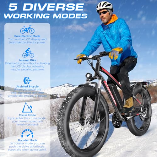 Electric Fat Bike for Adults - 1000W, 20MPH, 60 Miles - Black-Red