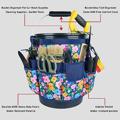 MELOTOUGH Bucket Caddy Organizer Bucket Tool Organizer for Garden Tools Fit 3.5 to 5 Gallon Bucket (Blue Flower)