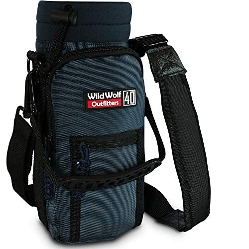 Wild Wolf Outfitters Water Bottle Holder for 40 ounce Bottles - Blue - Carry, Protect and Insulate Your Best Flask with This Carrier w/ 2 Pockets & an Adjustable Padded Shoulder Strap