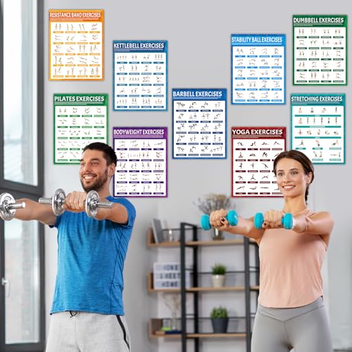 9Pcs Exercise Poster Set - Workout Charts for Yoga, Resistance Bands, Dumbbells & Home Gym
