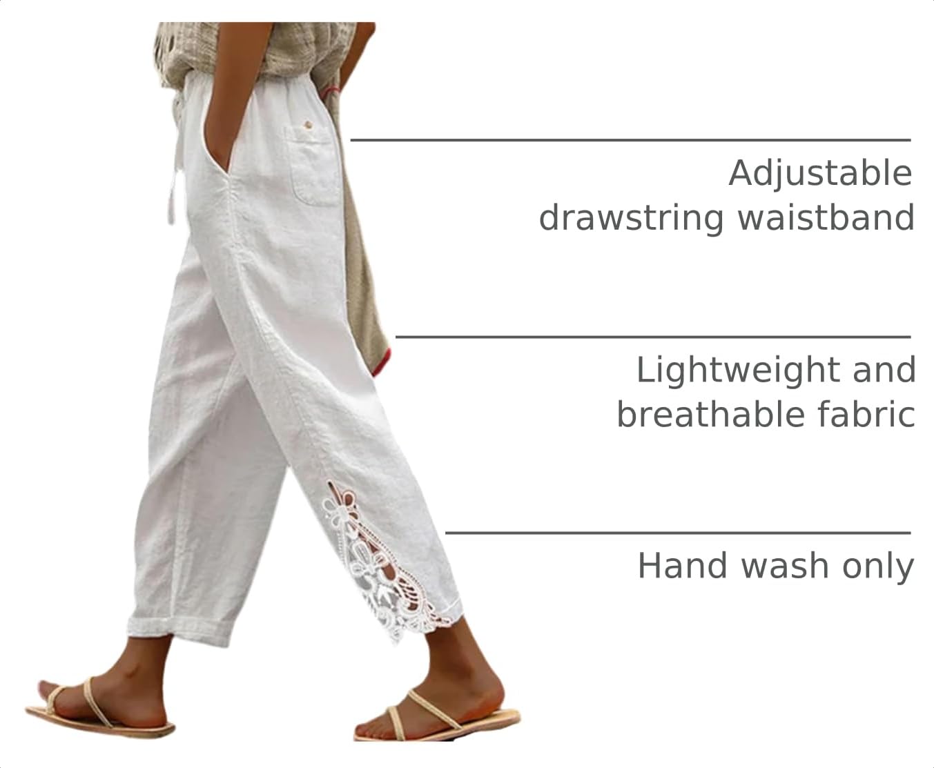 Acelitt Women's Casual Linen Pants Lightweight Drawstring Elastic Waist Spring Trendy Fashion 2026 Cropped Pants Trousers White XL
