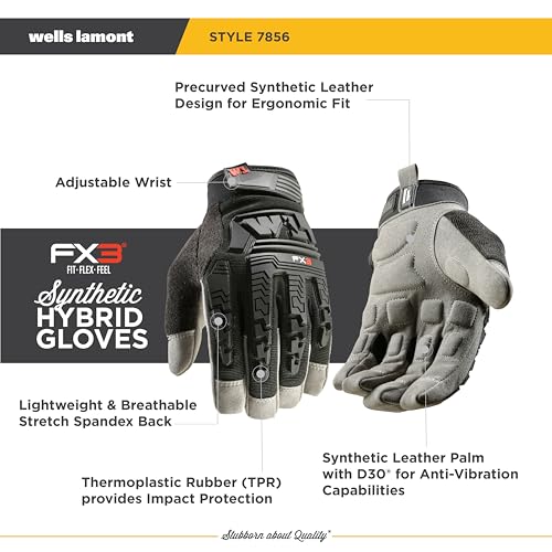 Wells Lamont FX3 Extreme Dexterity Impact Protection Work Gloves ? Heavy Duty Construction Gloves for Men ? Synthetic Leather, D3O Technology, TPR Knuckle Padding, Adjustable Fit ? Black - L