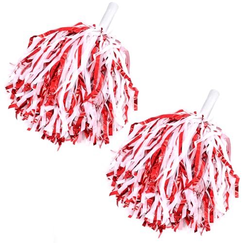 Cheerleading Pom Poms with Handle - 2 Pcs Red-White