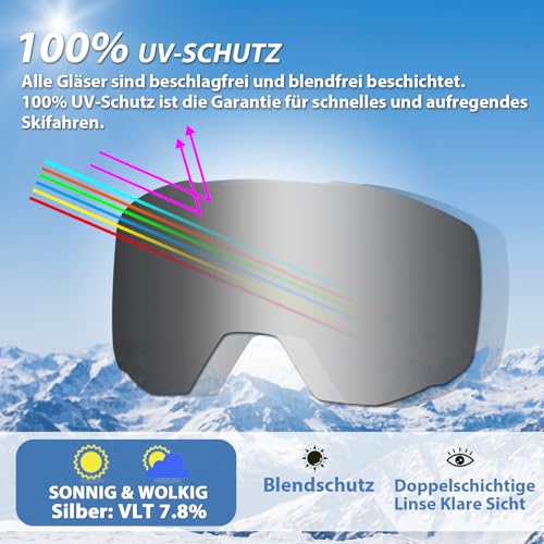 Ski Snowboard Goggles with Anti-Fog UV Protection - Black Frame Silver