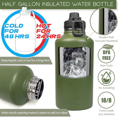 DEFUNX 64 oz Water Bottle with Sleeve Green Camouflage – Half Gallon Stainless Steel Insulated Jug with Handle