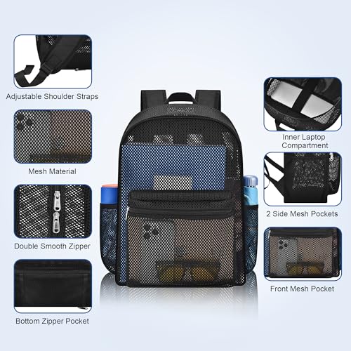 Heavy Duty Mesh Backpack - Breathable Semi-Transparent - Black