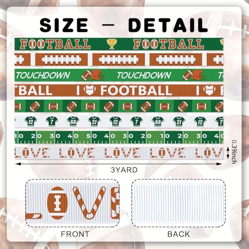 Football Ribbon Set - 8 Pack Grosgrain Ribbons for Gift Wrapping, Party Decorations, DIY Crafts - 3/8 Inch x 3 Yards Each - Football Style
