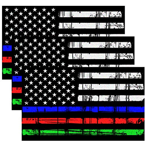Reflective Tattered American Flag Decal Stickers - 3 Pack, Blue Red Green Line
