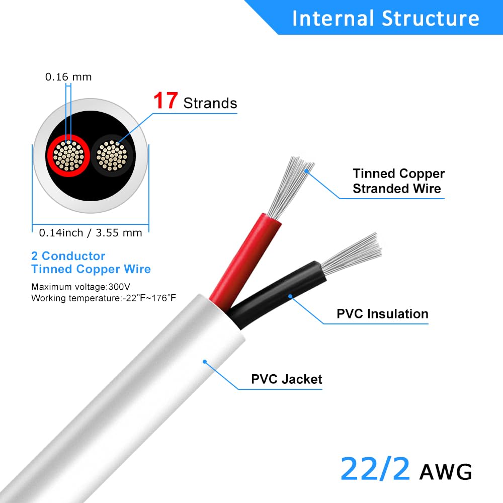 DEKIEVALE 22 Gauge 2 Conductor Electrical Wire, 32.8FT White Stranded Low Voltage 22/2 Cable PVC Case, 22 AWG Tinned Copper 2 Wire Cable Extension Power Cable for Strips LED Lamp Lighting Automotive