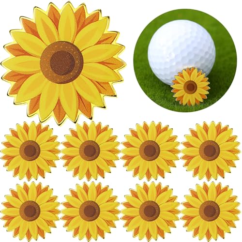 Seenelling 9 Pcs Golf Ball Markers Sunflower Pattern 1 Inch for Women & Men - Yellow