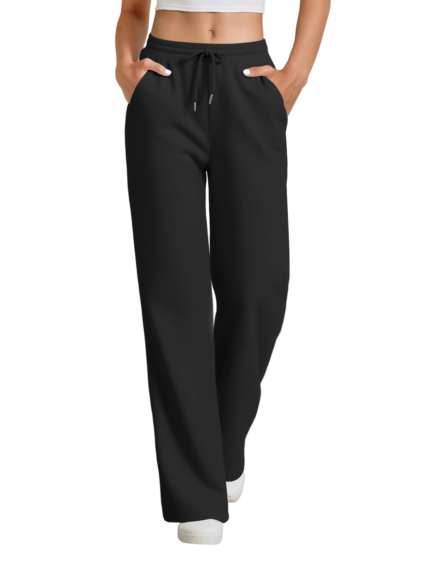 JEKAOYI Womens Drawstring Sweatpants, High Waisted Lightweight Lounge Straight Leg Casual Pants with Pockets Black