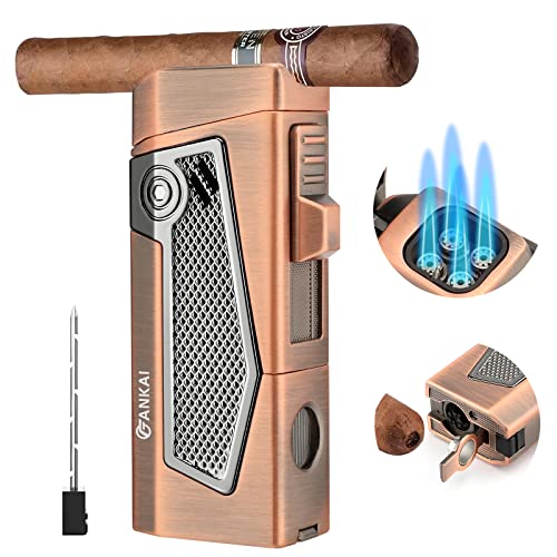 FANKAI Bronze 4 Jet Torch Flame Cigar Lighter with Punch & Holder, Windproof Refillable