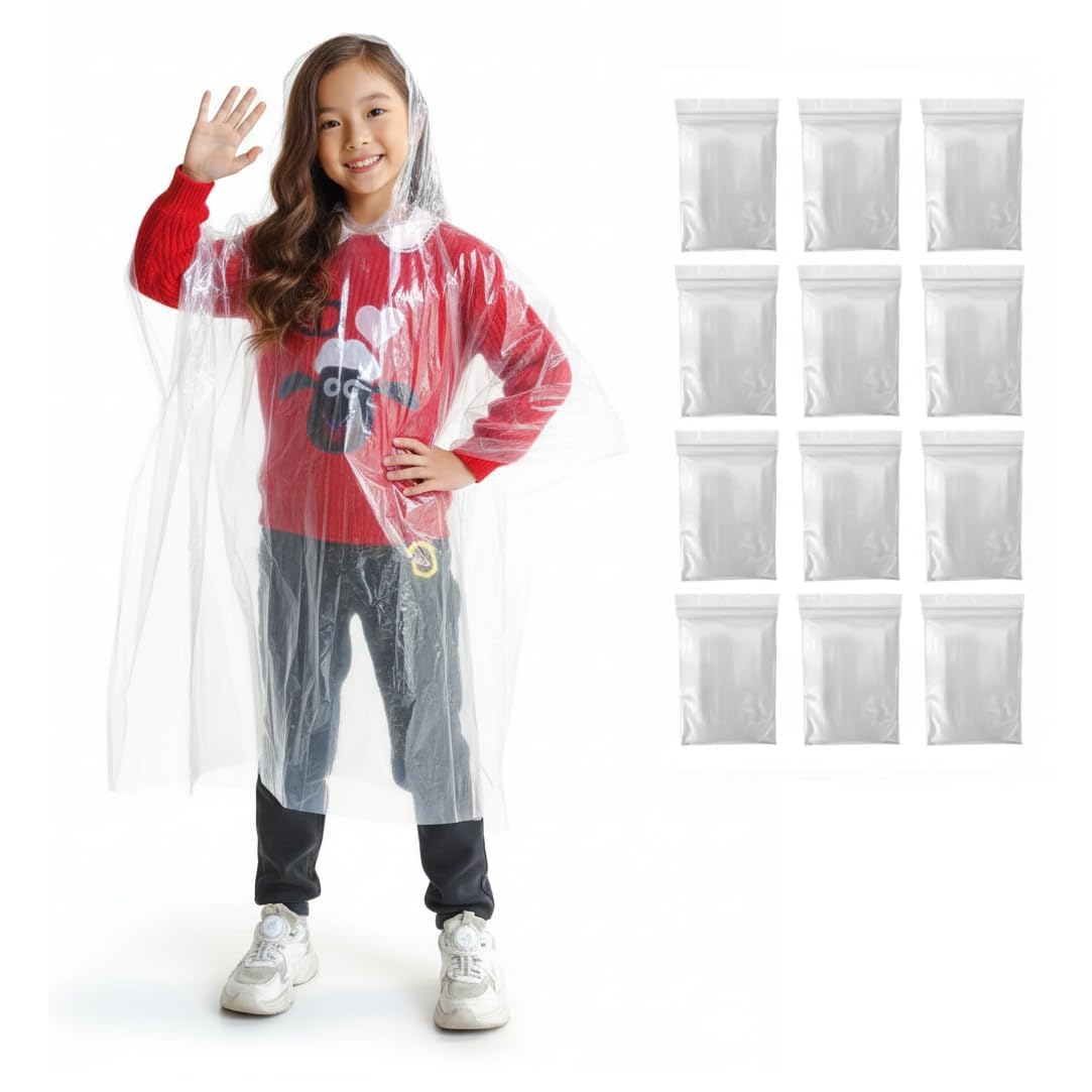PulseRipple 12-Pack Kids Clear Rain Ponchos with Hood, Breathable Cape-Style Disposable Emergency Rain Cover, One Size Waterproof Lightweight for School Trips Camping Outdoor Sports & Festivals
