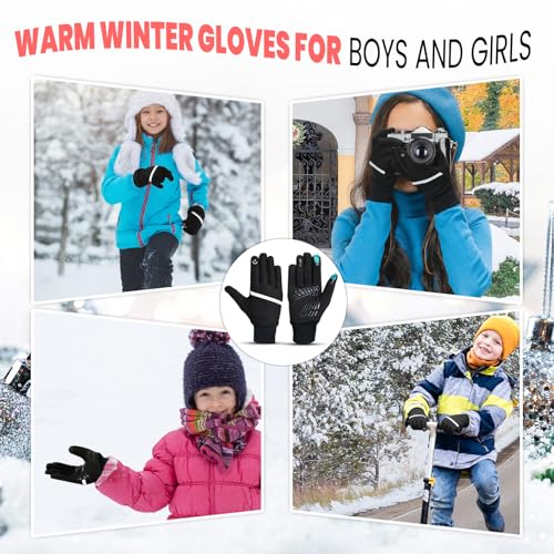 Kids Winter Thermal Gloves - Touch Screen, Anti-Slip, Black - Large