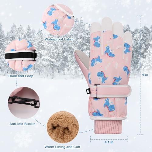 Kids Waterproof Ski Gloves - Touchscreen Snowboard Mittens - Pink - Ages 7-16