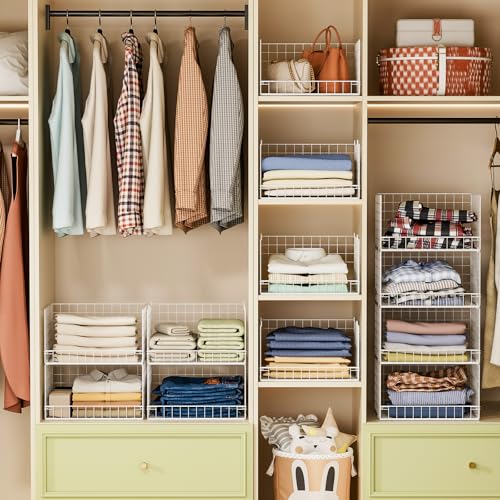 4-Tier Stackable Closet Organizers and Storage Basket, Foldable Closet Shelf Organizer System, Space-Saving Clothes Storage Drawer Organizer for Wardrobe, White (Patent Pending)