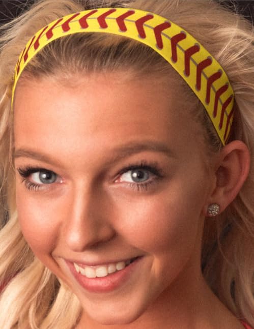 No Slip Softball Headband for Girls - Yellow with Red Stitching