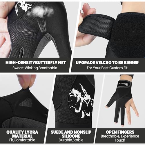Billiard Pool Gloves for Left Hand - 3 Finger, Black, Large
