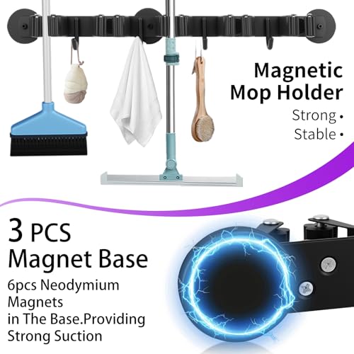 Magnetic Broom Holder Wall Mount - Heavy Duty Non-Slip Mop Hanger with 4 Hooks And 5 Rack, No Drill Tool Organizer for Refrigerator,Garage,Laundry Room (Black, 5Racks 4Hooks)
