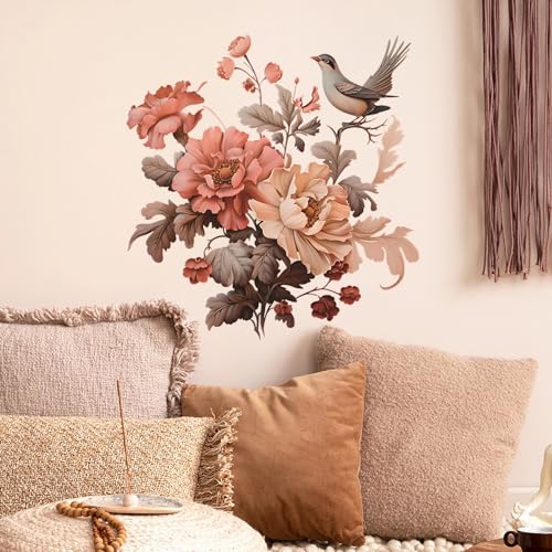 Peony Magpie Flower Wall Stickers, sacinora Chinese Style Floral Art Wall Decals Removable Vinyl Peel and Stick for Living Room Bedroom Nursery Decorations