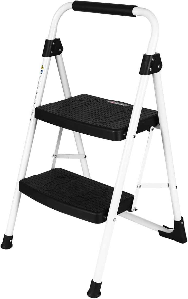 Portable 3-Step Folding Ladder - Sturdy Steel Step Stool with Anti-Slip Pedal & Handgrip, 500lbs Capacity for Home & Office