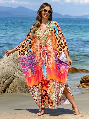 IMAGEKOPE Women's Plus Size Animal Print V-Neck Batwing Kaftan Beach Dress - One Size / 927-29 Color