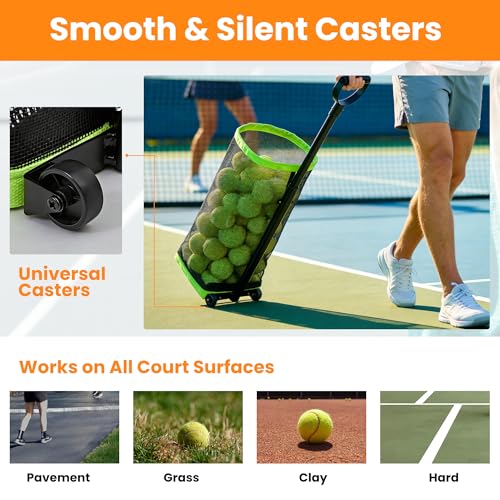Large Portable Tennis Ball Hopper & Pickleball Basket - Foldable Cart