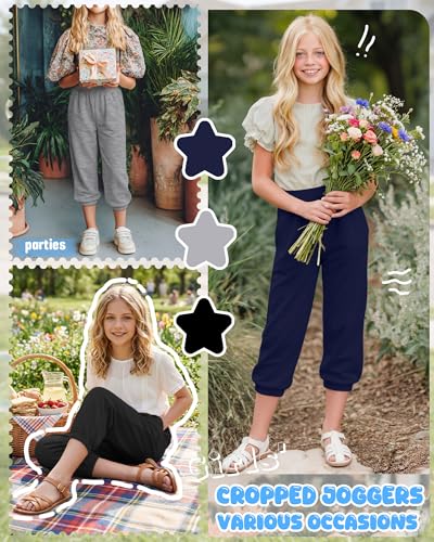 3 Pcs Girls' Capris Sweatpants - Black, Light Heather Gray, Navy Blue