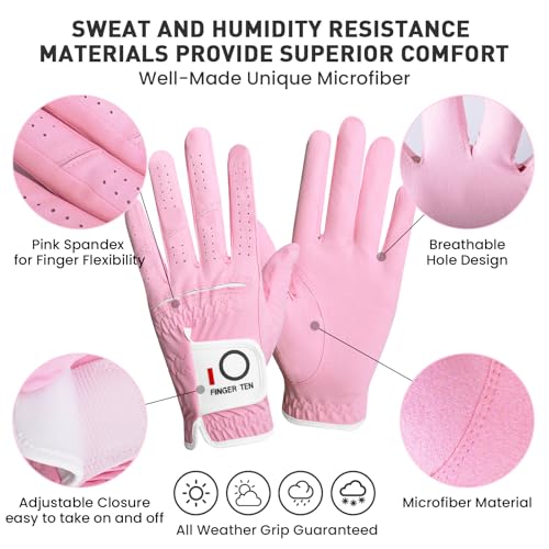 Pink Women's Golf Glove Left Hand Medium FINGER TEN - Stylish & Breathable